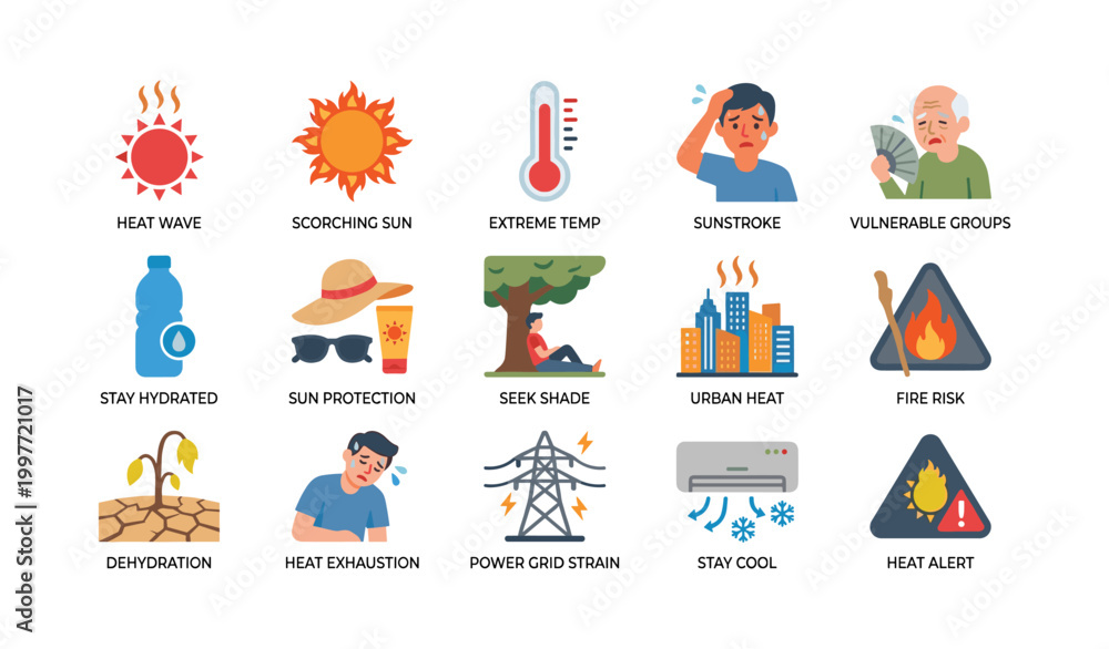 Fototapeta premium Heat wave and heat risk icons with safety and prevention symbols