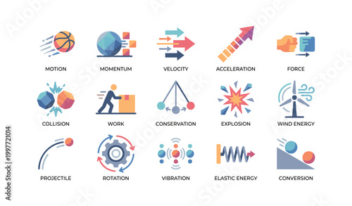 Physics concept icons arranged in grid on white background