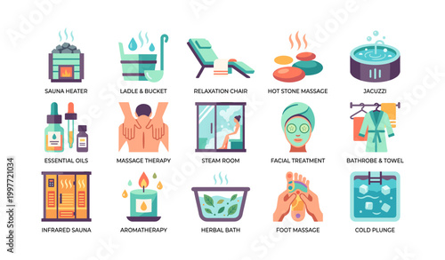 Spa and wellness icons showing treatments and facilities on white background