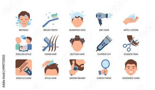 Male grooming and haircut steps displayed as salon icons