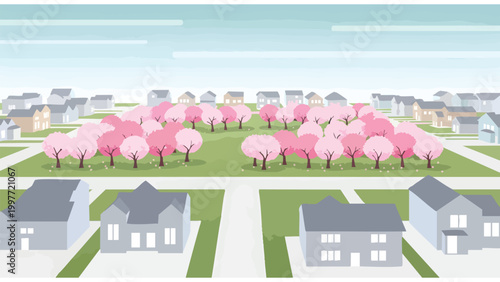 Suburban Neighborhood with Pink Cherry Blossom Trees and Houses for Real Estate Marketing