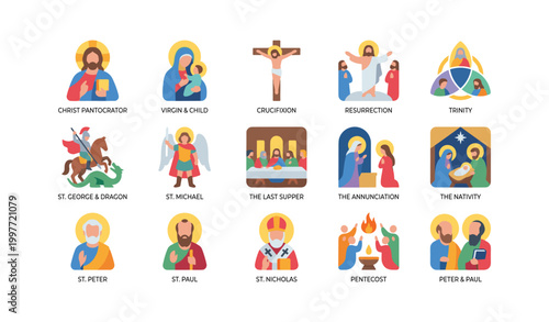 Christian icons showing biblical scenes and saints grid