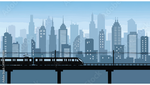 Modern City Skyline with Commuter Train on Elevated Track - Urban Transportation Concept