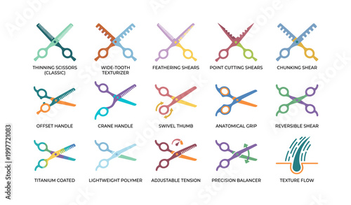 Hairdressing scissors types and handle features displayed