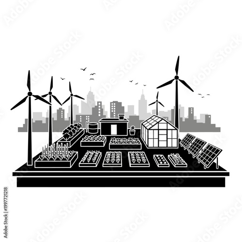 Urban rooftop garden with wind turbines and solar panels for sustainable living.