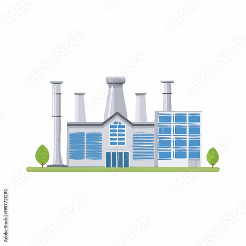 Industrial factory building illustration. Production plant design for manufacturing processing.