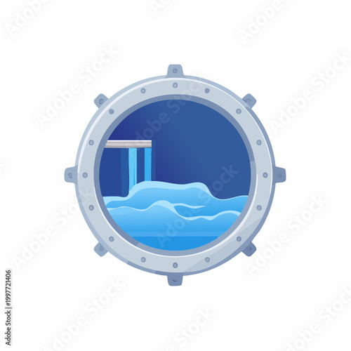 Cartoon view of water flowing from a diving board through a round porthole underwater scene.