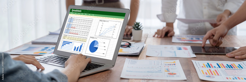 Obraz premium Spreadsheet document information financial startup concept. data and graphs in spreadsheet documents for online analysis project dashboard accounting digital brisk
