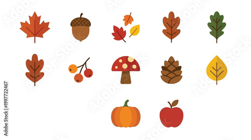 A collection of colorful autumn-themed icons including leaves, acorns, pumpkins, and mushrooms.