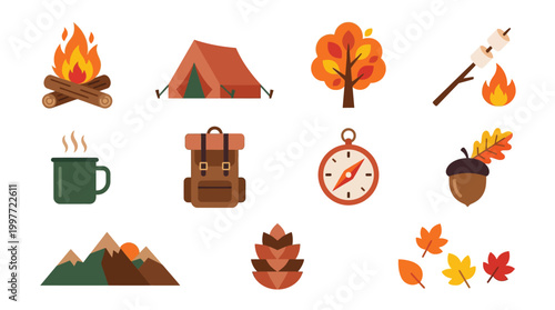A collection of flat design icons representing autumn camping and outdoor adventure activities, including a campfire, tent, backpack, and fall foliage.
