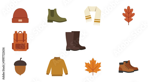 A collection of autumn-themed clothing and nature items, including boots, a sweater, a backpack, a hat, a scarf, and fallen leaves.