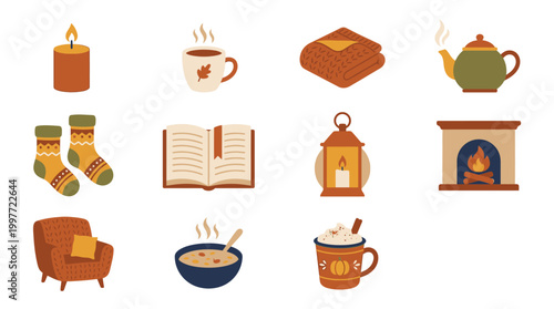 Cozy autumn and winter elements including a candle, hot drink, blanket, teapot, socks, book, lantern, fireplace, armchair, soup, and a spiced beverage.