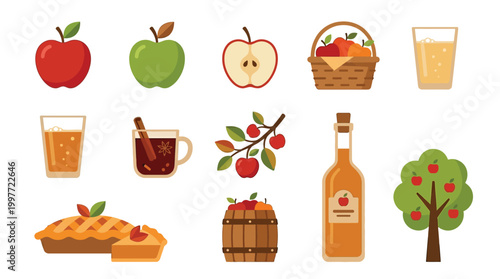 Bilde på lerret A collection of sliced apples, a basket of apples, apple cider, mulled cider, an apple tree branch, a bottle of apple cider vinegar, an apple pie, a barrel of apples, and a miniature apple tree
