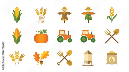 A collection of 15 flat design icons representing various elements of farming and autumn harvest.