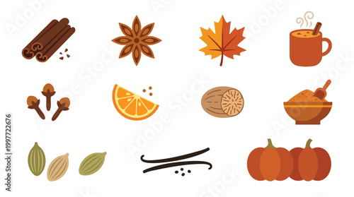 A collection of autumn spices and ingredients, including cinnamon, star anise, maple leaf, pumpkin spice latte, cloves, orange slice, nutmeg, pumpkin pie spice, cardamom, vanilla beans, and pumpkins.