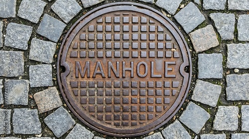 Cast iron manhole cover on cobblestone street.