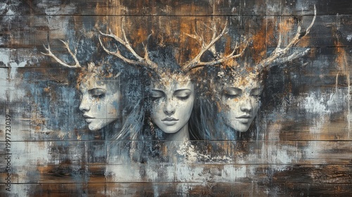 Three women's faces with antlers, nature-inspired art on a wooden wall
