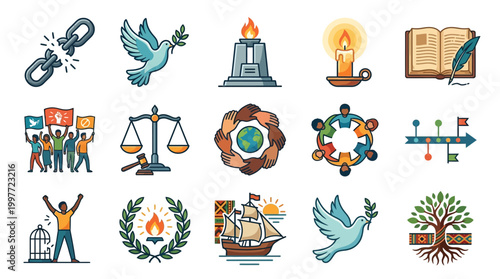 A collection of diverse icons representing concepts of freedom, justice, peace, unity, and human rights.