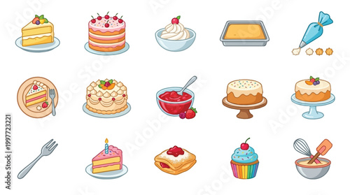 A delightful collection of colorful cartoon illustrations depicting various cakes, pastries, baking tools, and dessert-related elements.