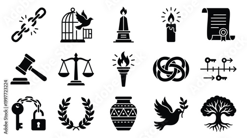 Collection of Black and White Icons Representing Freedom, Justice, Knowledge, and Growth.
