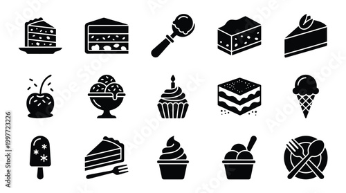 A collection of black and white icons representing various desserts and sweet treats, including cakes, ice cream, and cupcakes.