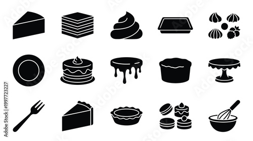 A collection of black and white silhouette icons representing various desserts, cakes, pastries, and baking tools.