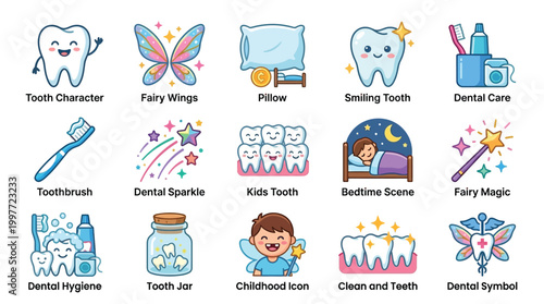 A collection of charming cartoon illustrations depicting various aspects of dental health, tooth characters, and the magical Tooth Fairy.