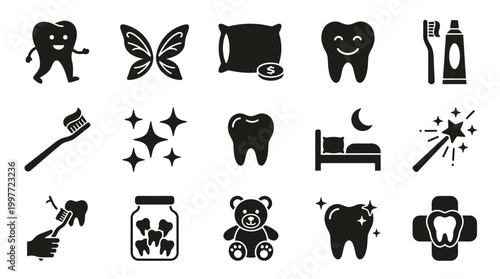 Collection of black and white icons representing dental hygiene, children's teeth, and related concepts like sleep and rewards.