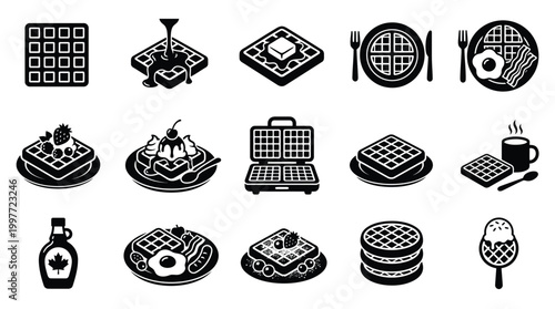 A collection of black and white isometric icons representing various waffle dishes, ingredients, and cooking equipment.