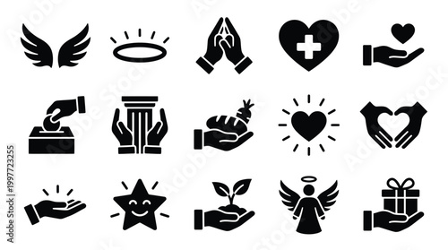 Collection of black and white icons representing charity, generosity, and positive concepts like hope, faith, and love.