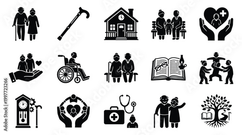 Collection of black and white icons representing senior care, family, health, and support services for the elderly.