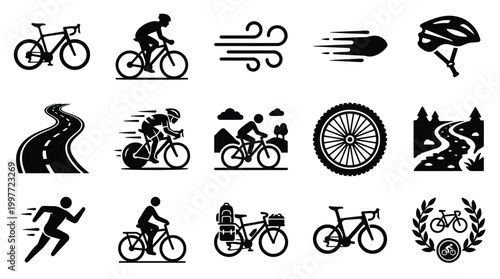 Collection of black and white icons representing various aspects of cycling, including bicycles, riders, helmets, roads, wind, and speed.