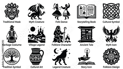 Collection of black and white icons representing various elements of folklore, mythology, and cultural traditions.