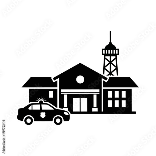 Police station building with police car in front, ready for service.