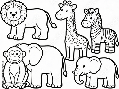 Cute zoo animals coloring book page with simple outline drawing