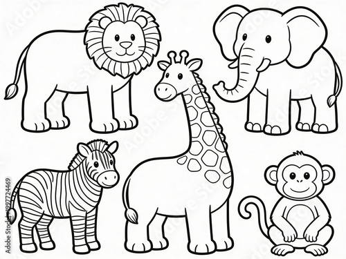 Cute zoo animals coloring book page with simple outline drawing