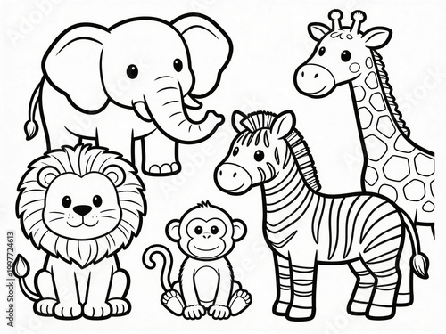 Cute zoo animals coloring book page with simple outline drawing