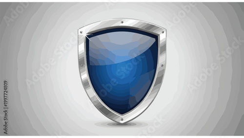 Vibrant Blue Glossy Shield with Metallic Silver Border and Rivets, 3D Rendered Protection and Security Emblem on Grey Background