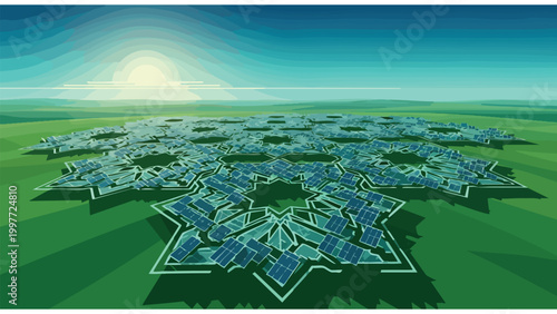 Expansive Futuristic Solar Power Farm in a Lush Green Landscape Under a Bright Sun, Featuring Interconnected Hexagonal Modules for Sustainable Ener...
