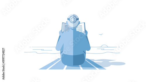 Futuristic Reader with Headset Enjoying a Book on a Serene Beach at Sunset, Digital Learning and Relaxation Concept Illustration