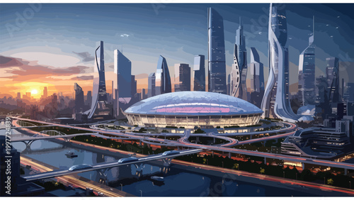 Vibrant Futuristic Metropolis at Sunset, featuring a Grand Modern Stadium, Sleek Skyscrapers, and Advanced Urban Infrastructure
