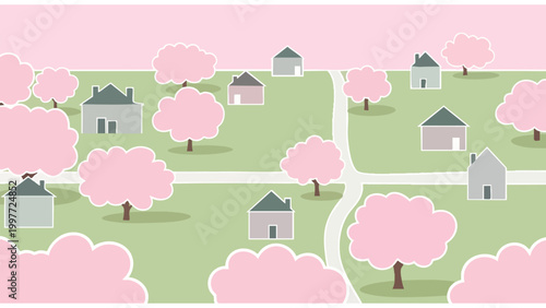 Serene Pastel Neighborhood Illustration: Pink Cherry Blossoms, Green Lawns, and Houses in Flat Design