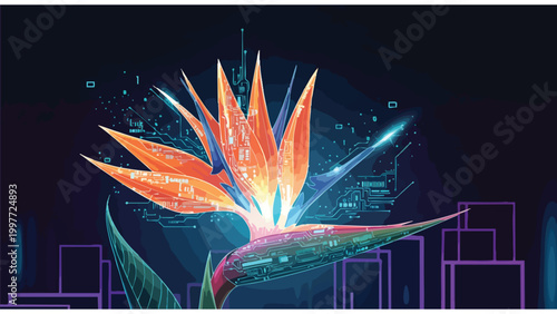 Futuristic Bird of Paradise Flower with Glowing Circuitry & Digital Elements. Blending Nature & Technology in an Abstract, Cybernetic Urban Landscape.