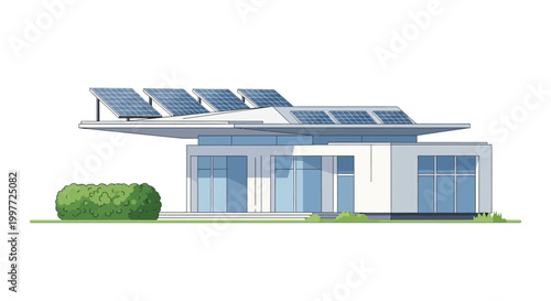 Modern Minimalist Sustainable House Illustration with Solar Panels on Roof, Eco-Friendly Architecture and Green Energy Concept