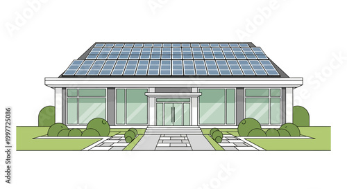 Modern Sustainable House Illustration with Solar Panels on Roof for Renewable Energy and Eco-Friendly Living Concept
