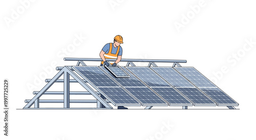 Solar Panel Installation Technician Working on Renewable Energy System Illustration