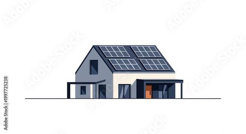 Sustainable Modern House Illustration with Rooftop Solar Panels for Green Energy and Eco-Friendly Living Concepts