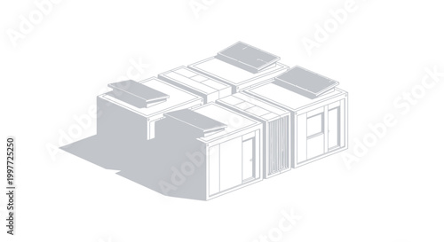 Modern Modular Container House Design with Rooftop Solar Panels Isometric Architecture Sketch