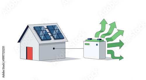 Sustainable Home Energy System with Solar Panels and Battery Storage for Renewable Power Distribution Illustration
