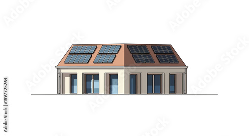 Modern Eco-Friendly House Illustration with Solar Panels on Roof - Sustainable Green Energy Architecture Concept